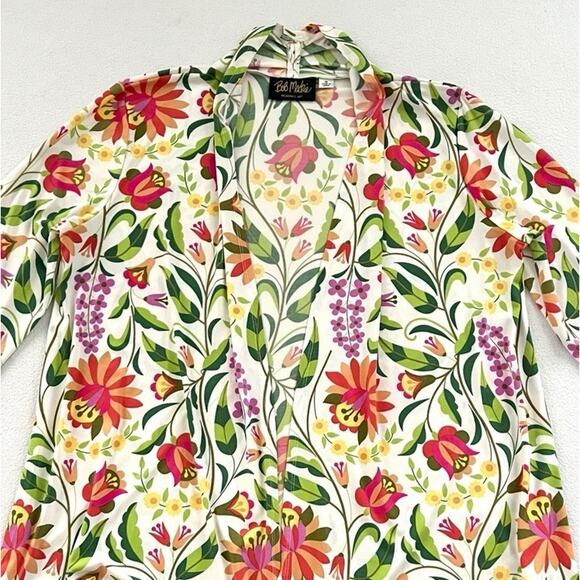 Bob Mackie Wearable Art Folk Floral Print Green Open Cardigan Kimono Jacket M - Picture 2 of 10
